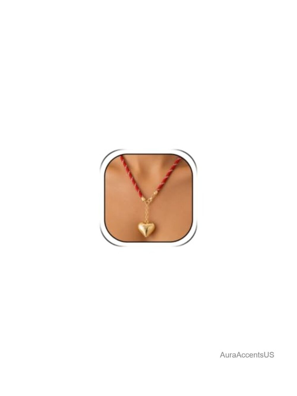 Chunky Heart Necklace Y Shaped Gold Tone Red Cord Women Jewelry